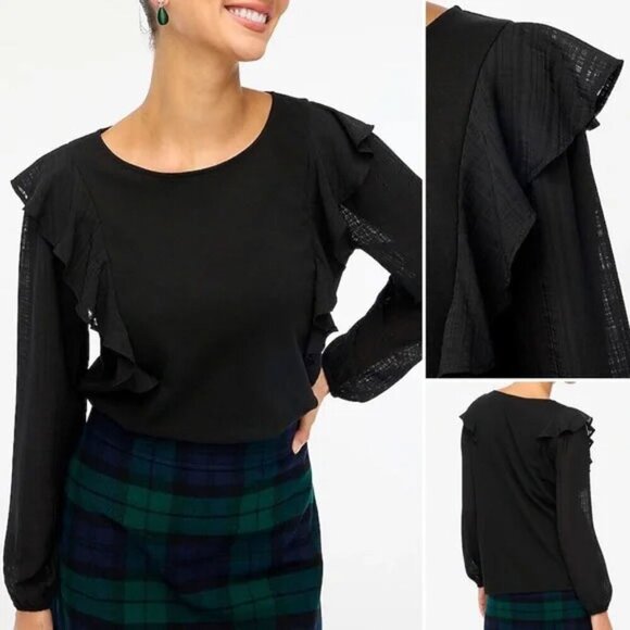 NEW J. Crew Ruffle-Shoulder Top Plaid Jacquard Sleeves Pullover Stretch Cotton L - Picture 1 of 13